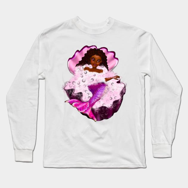 Mermaid spa day in Oyster clam shell 2 - Black anime mermaid in bubble bath. Pretty black girl with Afro hair, green eyes, Cherry pink lips and dark brown skin. Hair love ! Long Sleeve T-Shirt by Artonmytee